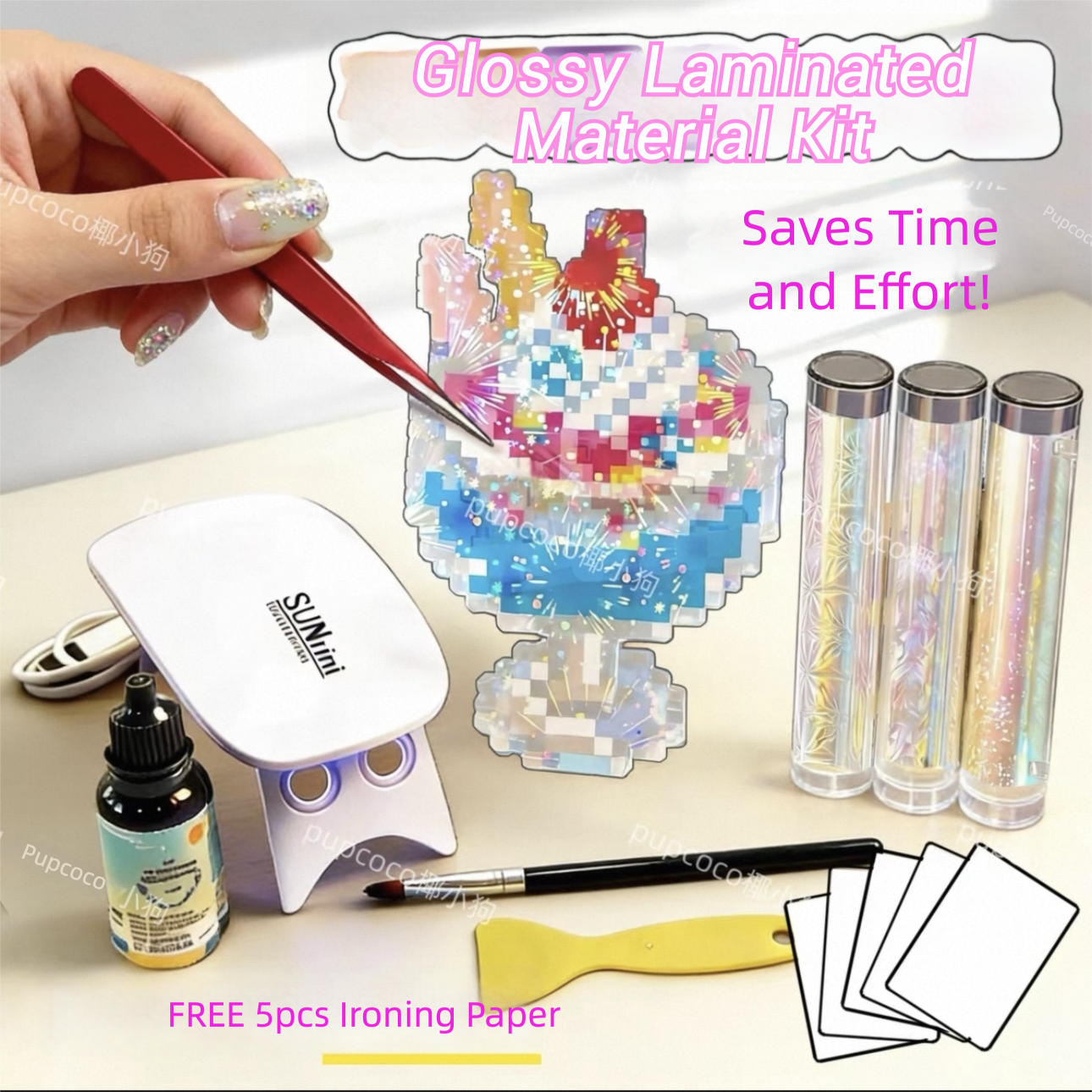 Perler Bead Finishing Kit - Shimmer Films, Glitter Fabric, Glossy Tea-tinted Film & Material Kit