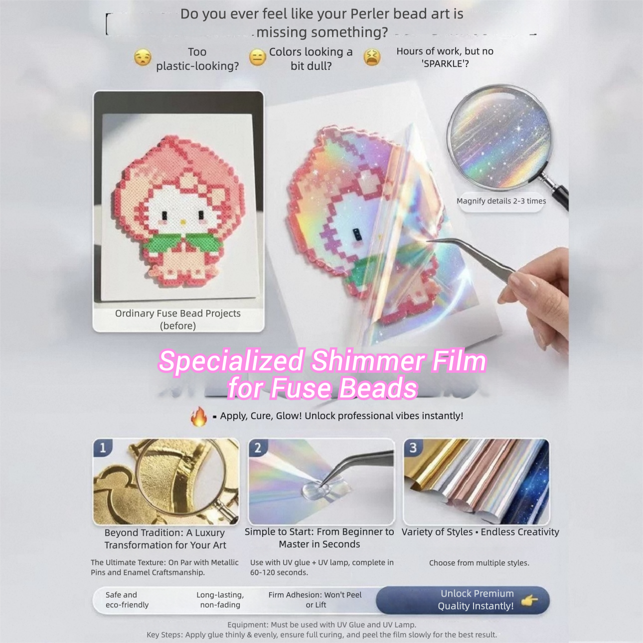 Perler Bead Finishing Kit - Shimmer Films, Glitter Fabric, Glossy Tea-tinted Film & Material Kit